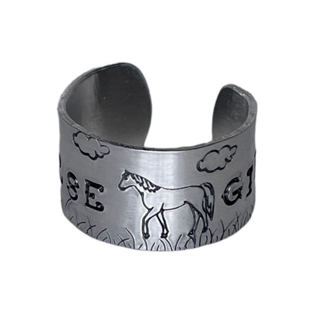 Handmade 9/10‎ stamped Horse Girl horse scene silver adjustable wide cuff ring